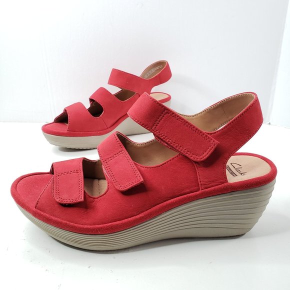Clarks Shoes - Clarks Comfort Platform Sandals Sz 7 Red Leather Chunky Wedge Strappy Sandal